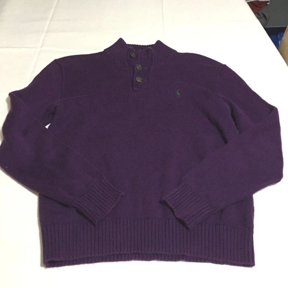 Polo Ralph Lauren Mock Neck Sweater Mens Medium Purple Cotton Knit 3 Button